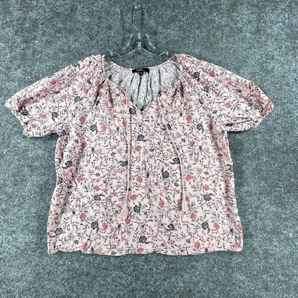 Angels Blouse Top Womens L Pink Floral Boho V-Neckline Tessel Tie Detailing